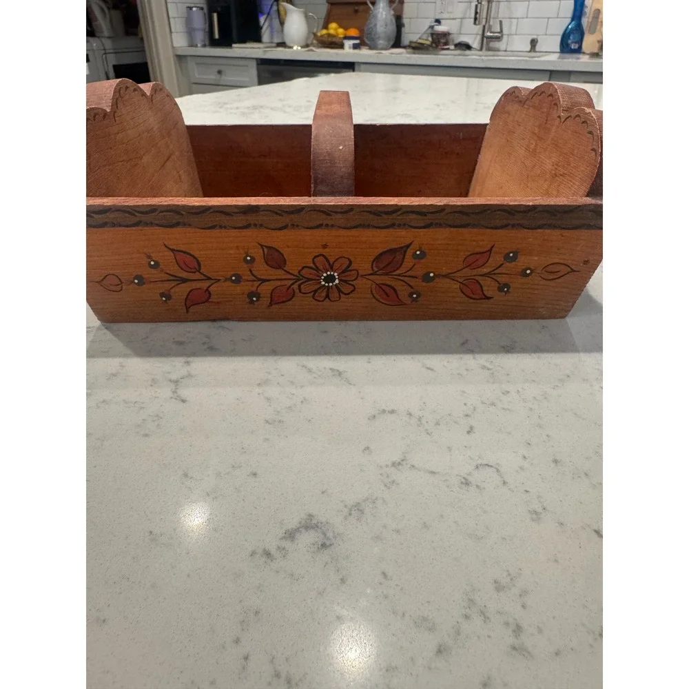 Vintage Folk Art Hand Painted Wooden Caddy Bird Floral Scalloped Tool Box Box